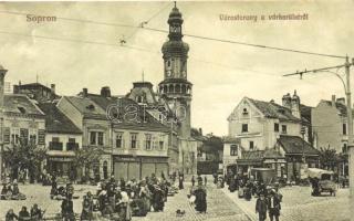 Sopron, Várostorony, Várkerület, piac, Fogműves, cukrászda, Hertél, Fischer Emil, Raab Salamon és Ferigo üzlete, kiadja Monsberger Gottfried (EK)