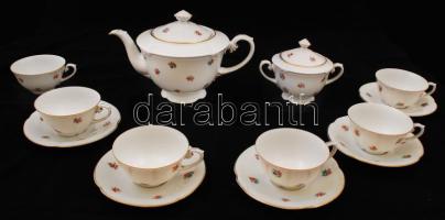 Drasche virágmintás hiányos porcelán teáskészlet, 6 db csésze, 5 db csészealj, teáskanna, cukortartó, jelzett, sérült