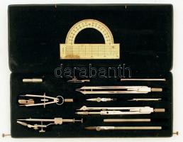 cca 1930 Schuler József Rt. hiánytalan körzőkészlet, 26×11 cm