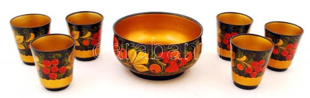 Hohloma orosz népművészeti stílusban készült fa tálka, d: 16 cm, + 6 db pohár, d: 7 cm