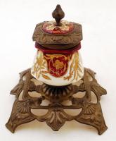 Antik asztali készlet, porcelán-réz, kézzel festett, több lepattanással, jelzés nélkül, összesen:4 d...