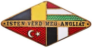 Osztrák-Magyar Monarchia ~1915. "Isten verd meg Angliát" zománcozott fém propaganda jelvény, hátoldalon "GESCHÜZT T.B." jelzéssel (20,5x40,5mm) T:2,2- Austro-Hungarian Monarchy ~1915. "May God Strike Down England" enamelled metal propaganda badge with "GESCHÜZT T.B." mark on the backside (20,5x40,5mm) C:XF,VF