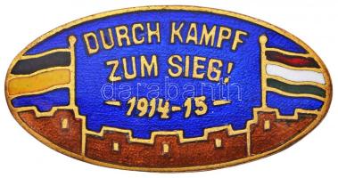 Osztrák-Magyar Monarchia / Német Birodalom 1915. "Harc a győzelemért" zománcozott fém propaganda jelvény, hiányzó tű (19x37,5mm) T:2 ragasztásnyom Austro-Hungarian Monarchy / German Empire 1915. "Durch Kamp zum Sieg 1914-15" enamelled metal propaganda badge, missing pin (19x37,5mm) C:XF gluemark