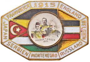 Osztrák-Magyar Monarchia 1915. "Viribus Unitis - V. Mehmed, II. Vilmos, Ferenc József" központi hatalmak zászlóival, az Antant hatalmak felsorolásával, zománcozott fém propaganda jelvény (32,5x22mm) T:2 Austro-Hungarian Monarchy 1915. "Viribus Unitis - Mehmed V, Wilhelm II, Franz Joseph - England, Belgien, Russland, Montenegro, Serbien, Japan, Frankreich 1915" enamelled metal propaganda badge (32,5x22mm) C:XF