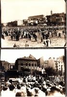 cca 1910 Ünnepi sokadalom a csupaszon álló Vérmezőn, ünnepi mise, háttérben a Várhegy oldalában épülő házak. 3 db fotó 18x12 cm, cca 1910 Budapest, 3 photos of celebrating crowd 18x12 cm