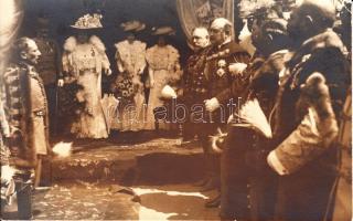 1908 Alfonz spanyol király látogatása Budapesten. Frigyes főherceg, Izabella hercegné, Kossuth Ferenc a fotólapon / Visit of king Alfons of Spain in Budapest. Real photo card