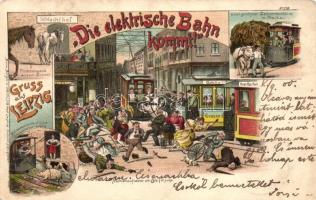 Leipzig die elektrische Bahn kommt! busy street scene, humour, litho