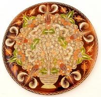 Festett réz fali dísztál, hátoldalán "Turkis grain and opiatesd board" felirattal, d:38 cm