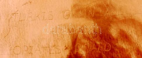 Festett réz fali dísztál, hátoldalán "Turkis grain and opiatesd board" felirattal, d:38 cm