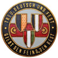 Német Birodalom ~1914-1918. "Hűséges német, és erős, nyugodalomra segíti az ellenséget" központi hatalmak zászlóival, zománcozott fém propaganda jelvény (27,5mm) T:2 German Empire ~1914-1918. "Treu Deutsch und Fest giebt den Feind den Rest" enamelled metal propaganda badge (27,5mm) C:XF