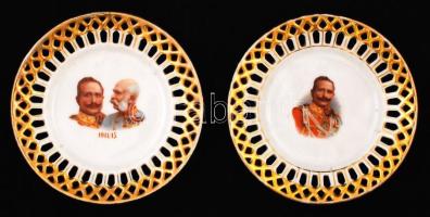 1914-1915 Ferenc Józsefet és IV. Károlyt ábrázoló 2 db porcelán tálka, d: 12 cm / 1914-1915 2 porcelain bowls with portraits of Emperor Franz Joseph and Charles I of Austria