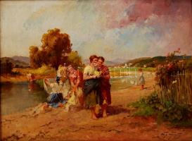Ács Ágoston (1889-1947): Mosónők. Olaj, vászon, antik keretben, 60×80 cm