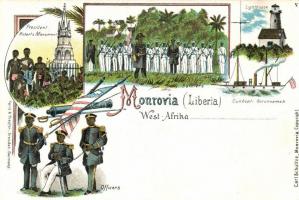 Monrovia, President Roberts Monument, officers, Lighthouse, Gunboat, Peitz & Toepfer, litho (EK)
