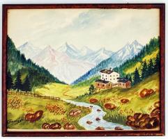 Csomós jelzéssel: Alpesi táj, vegyes technika, papír, fa keretben, 34×27 cm