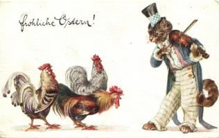 Easter, fiddling cat, cock and chicken