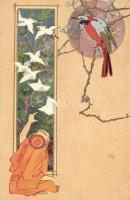 Japanese art postcard, birds, litho