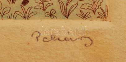 Pekáry István (1905-1981): Karácsony. Színezett rézkarc, hajtott, szakadással, jelzett, 12×9 cm