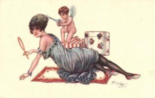 Haircut, Italian art deco postcard s: Cherubini