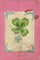 Flower greeting card, clover, Emb. floral embroidery pattern, folding card litho (fa)