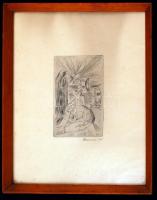 Borsos Miklós (1906-1990): Gondolatok. Rézkarc, papír, jelzett, üvegezett keretben, 13×9 cm