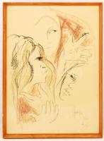 Olvashatatlan jelzéssel: Női fejek. Színezett litográfia, papír, számozott 7/10, üvegezett keretben, 70×50 cm