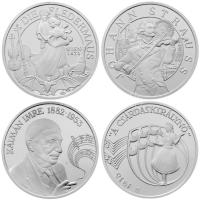 A Magyar Pénzverő és a Münze Österreich közös kiadványa: 2008. "Kálmán Imre / Csárdáskirálynő" Ag emlékérem (20g/0.999/40mm) + "Johann Strauss / A Denevér" Ag emlékérem (20g/0.925/40mm) eredeti operett CD-vel, tanúsítvánnyal és tájékoztatóval T:PP Austria-Hungary coin pair: 2008. "Imre Kálmán / Csárdásfürstin" Ag medallion (20g/0.999/40mm) + "Johann Strauss / Die Fledermaus" Ag medallion (20g/0.925/40mm) in original box with operetta CD, certificates and information C:PP