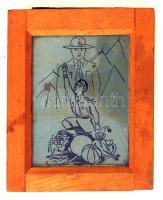 cca 1930 Cserkész grafika érdekes mechanikájú fa és üveg keretben / Graphic in frame with strange mechanic