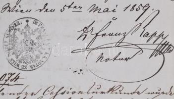 1859 Balassagyarmat, Csitár bérbeadási szerződés 18Fl + 30kr okmánybélyeggel / 1859 document with 18...
