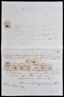 1856 Latin nyelvű irat 6kr CM és 2kr + 3x5kr + 10kr + 2x6kr + 2kr okmánybélyeggel / 1856 document with document stamps of different denominations