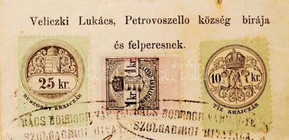1871 Haszonbér kereslet 10kr + 25kr okmánybélyeggel + 1kr hirdetménybélyeggel, Petrovoszeno község b...