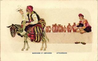 Marchand dAmphores / pottery vendor, Greek folklore, litho