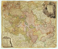 1730 Johann Baptista Homann: Exactissima palatinus ad Rhenum...(Rajna vidékének térképe), színezett térkép kartonra ragasztva, 58x48 cm / 1730 Johann Baptista Homann: Exactissima palatinus ad Rhenum..., Rheinland-Pfalz, Landkarte, 58x48 cm