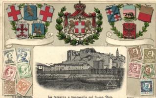 Roia, La terrazza e passarella sul fiume; Italian coat of arms, stamps Emb. litho