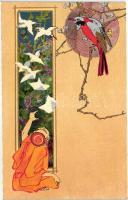 Birds, Japanese art postcard, folklore, litho