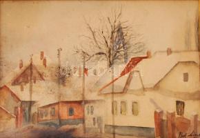 Bod László (1920-2001): Téli utcarészlet, akvarell, foltos, üvegezett fa keretben, 31,5×23 cm