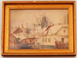 Bod László (1920-2001): Téli utcarészlet, akvarell, foltos, üvegezett fa keretben, 31,5×23 cm