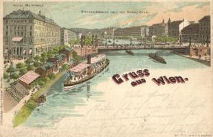 Vienna, Wien; Stephaniebrucke, Donau Canal, Hotel Metropole / bridge, Danube, hotel, steamship, Henri Schlumpf Winterthur No. 712. litho (EB)