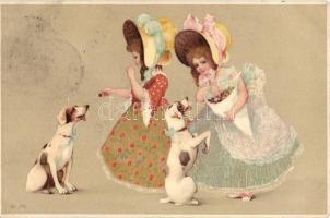 Girls with dogs, Meissner & Buch Künstlerpostkarten Serie 1487. litho s: K.M. (b)