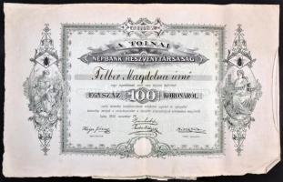 Tolna 1905. A Tolnai Népbank Részvénytársaság részvénye 100K-ról, szárazpecséttel, szelvényekkel T:III