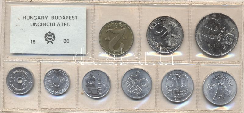 1980. 2 Fillér - 10 Forint Kursmünzensatz mit 9 Stück verschiedener Werte, 1980. Forgalmi sor 2f-10Ft, 9db klf értékkel, 1980. 2 Fillér - 10 Forint coin set with 9 pieces of various values