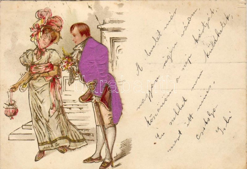Lady with man, decorated postcard, litho, Hölgy férfival, díszített képeslap, litho