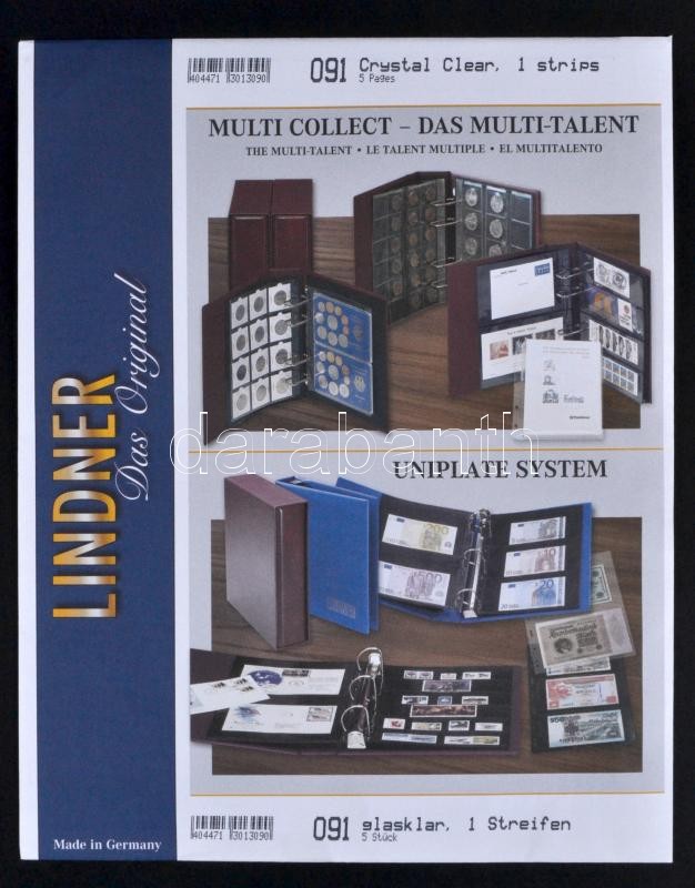 Lindner Uniplate gyűrűs berakóhoz osztatlan albumlap 091, 216x280mm, 5db/cs, Lindner Uniplate Stock Sheets 091, undivided, 216x280mm, 5/pack, crystal clear, Lindner Uniplate Blätter 091, 1 Streifen, 216x280mm, 5 St., glasklar