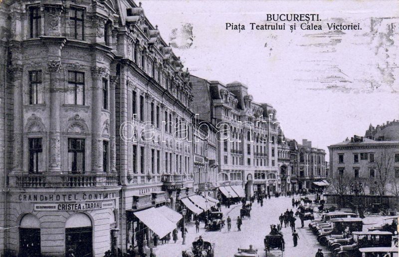 Bucharest, Piata Teatrului si Calea Victoriei / Theatre square and Victory Avenue, Grand Hotel Continental, Cristea & Taranu automobile shop, automobiles