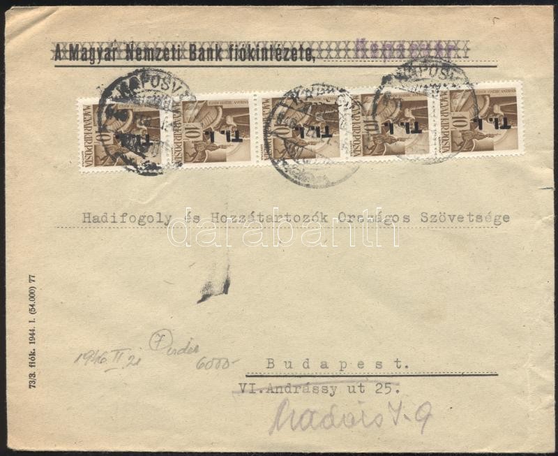 1946 (7. díjszabás) Távolsági levél 5x Betűs Tl.I./10f bérmentesítéssel, 5 x Mi 856 on domestic cover