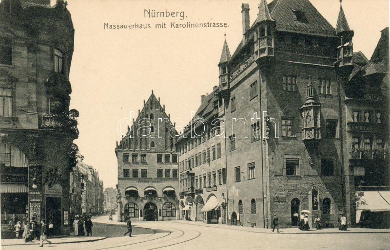 Nürnberg, Nassauerhaus, Karolinenstrasse / residental tower, street, cafe, restaurant