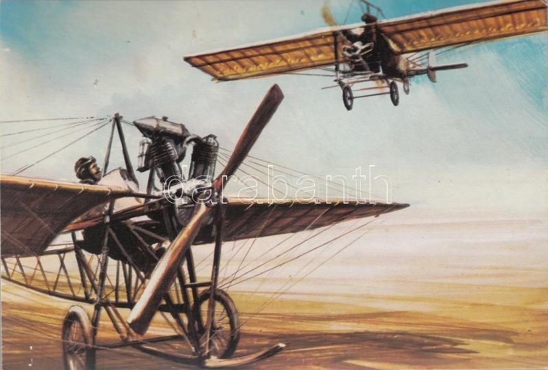 János Adorján's Libelle and Béla Takács's monoplane, modern postcard, s: Bánfalvy, Adorján János Libelle-je és Takács Béla monoplánja, modern képeslap, s: Bánfalvy