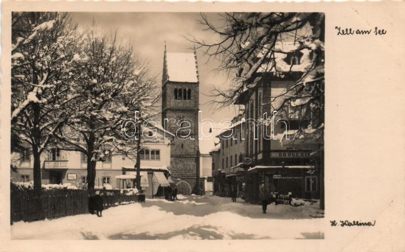 Zell am See, tower of the church, the shop of Spangler, Zell am See, templomtorony, Spangler üzlete