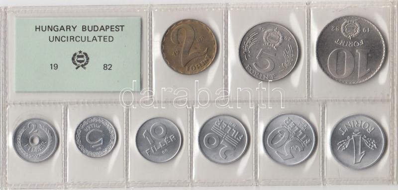 1982. 2 Fillér - 10 Forint Kursmünzensatz mit 9 Stück verschiedener Werte, 1982. Forgalmi sor 2f-10Ft, 9db klf értékkel, 1982. 2 Fillér - 10 Forint coin set with 9 pieces of various values