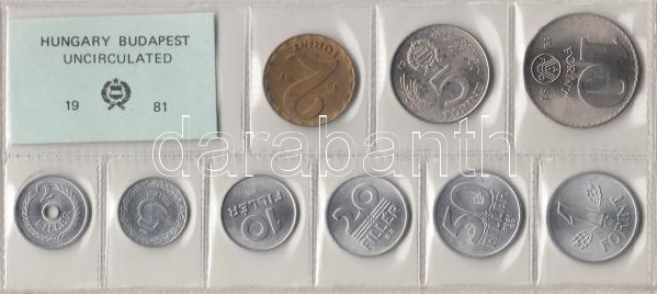 1981. 2 Fillér - 10 Forint Kursmünzensatz mit 9 Stück verschiedener Werte, 1981. Forgalmi sor 2f-10Ft, 9db klf értékkel, 1981. 2 Fillér - 10 Forint coin set with 9 pieces of various values