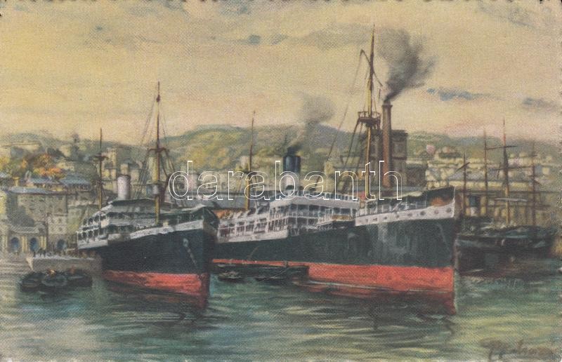 Genova, port, steamships, artist signed, Genova, kikötő, gőzhajók, artist signed